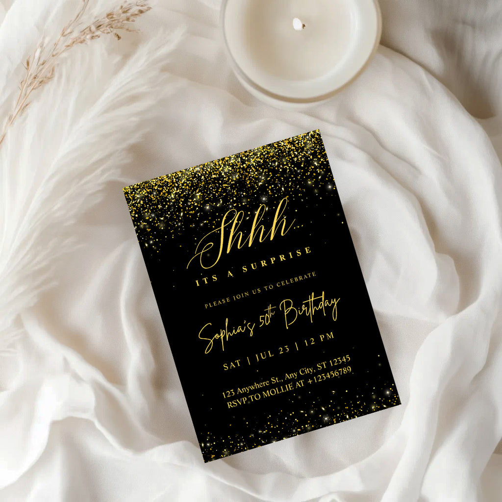 Elegant Black & Gold Surprise Birthday Invitation – Editable Canva Template