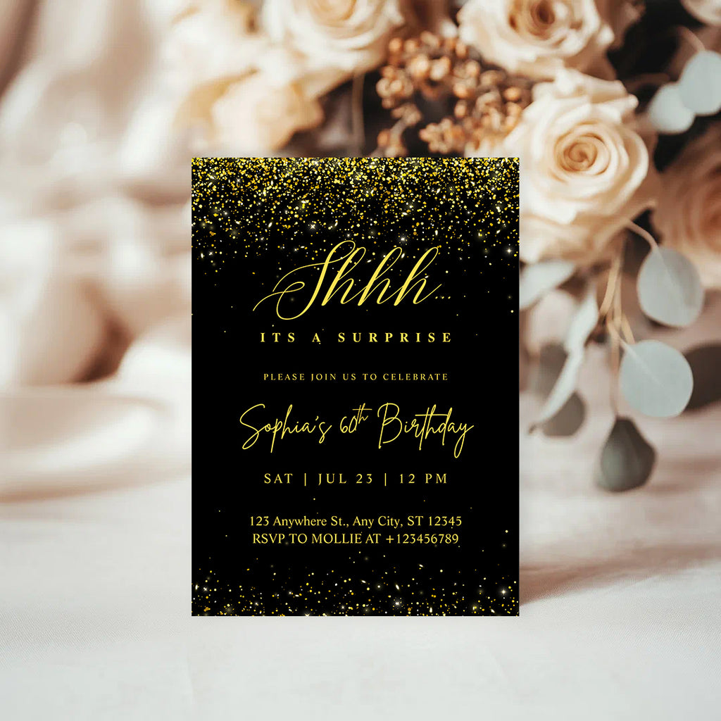 Elegant Black & Gold Surprise Birthday Invitation – Editable Canva Template