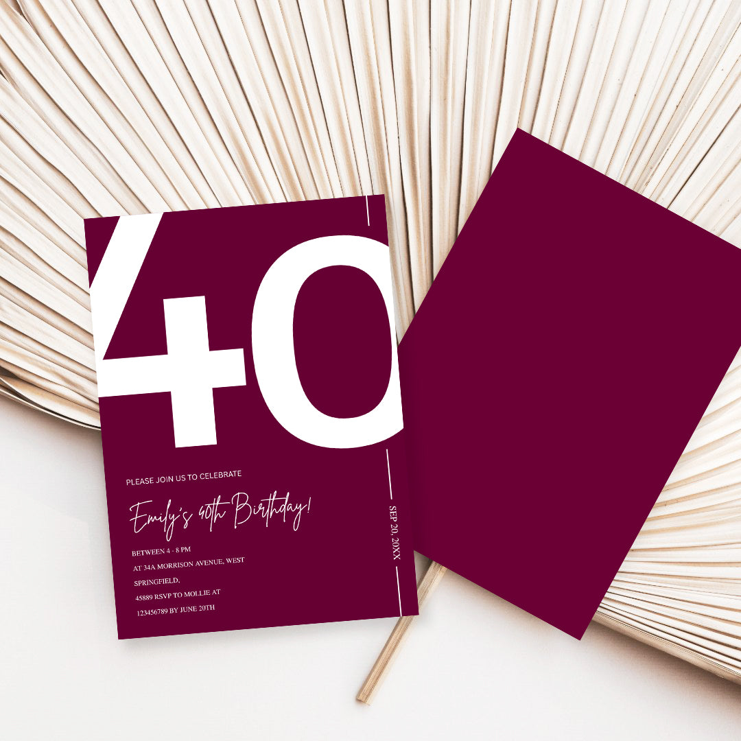Elegant Burgundy 40th Birthday Invitation Template | Chic Forty Milestone Party Invite | Editable & Instant Download