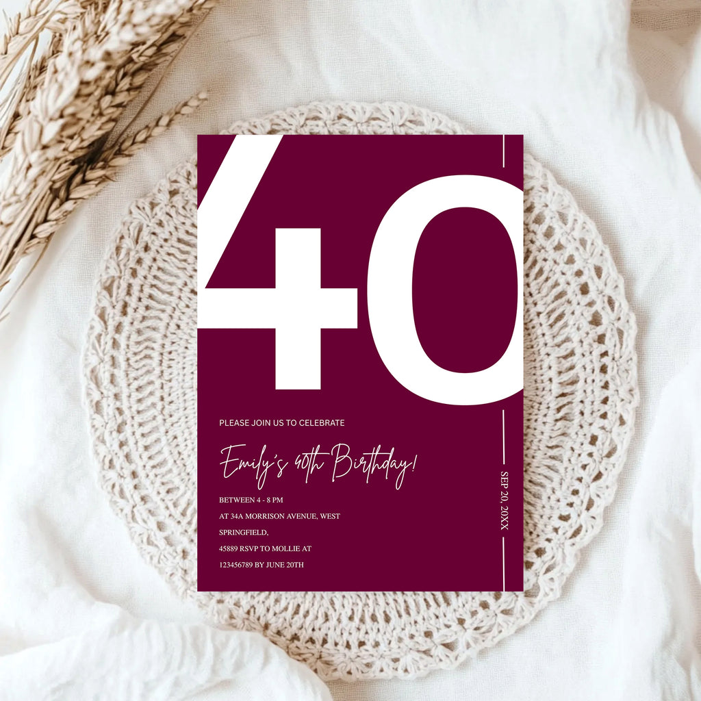 Elegant Burgundy 40th Birthday Invitation Template | Chic Forty Milestone Party Invite | Editable & Instant Download