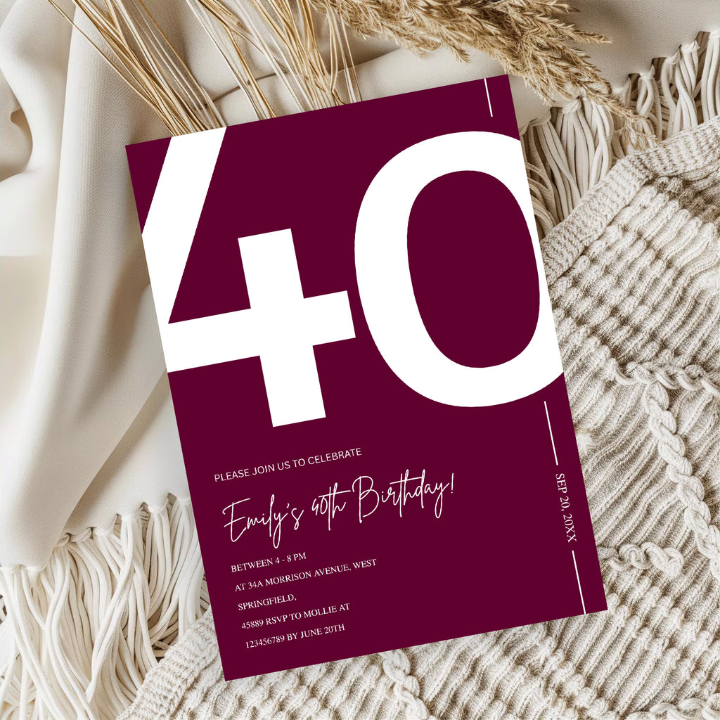 Elegant Burgundy 40th Birthday Invitation Template | Chic Forty Milestone Party Invite | Editable & Instant Download