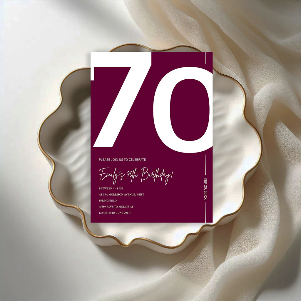 Elegant Burgundy 70th Birthday Invitation Template | Chic Seventy Milestone Party Invite | Editable & Instant Download