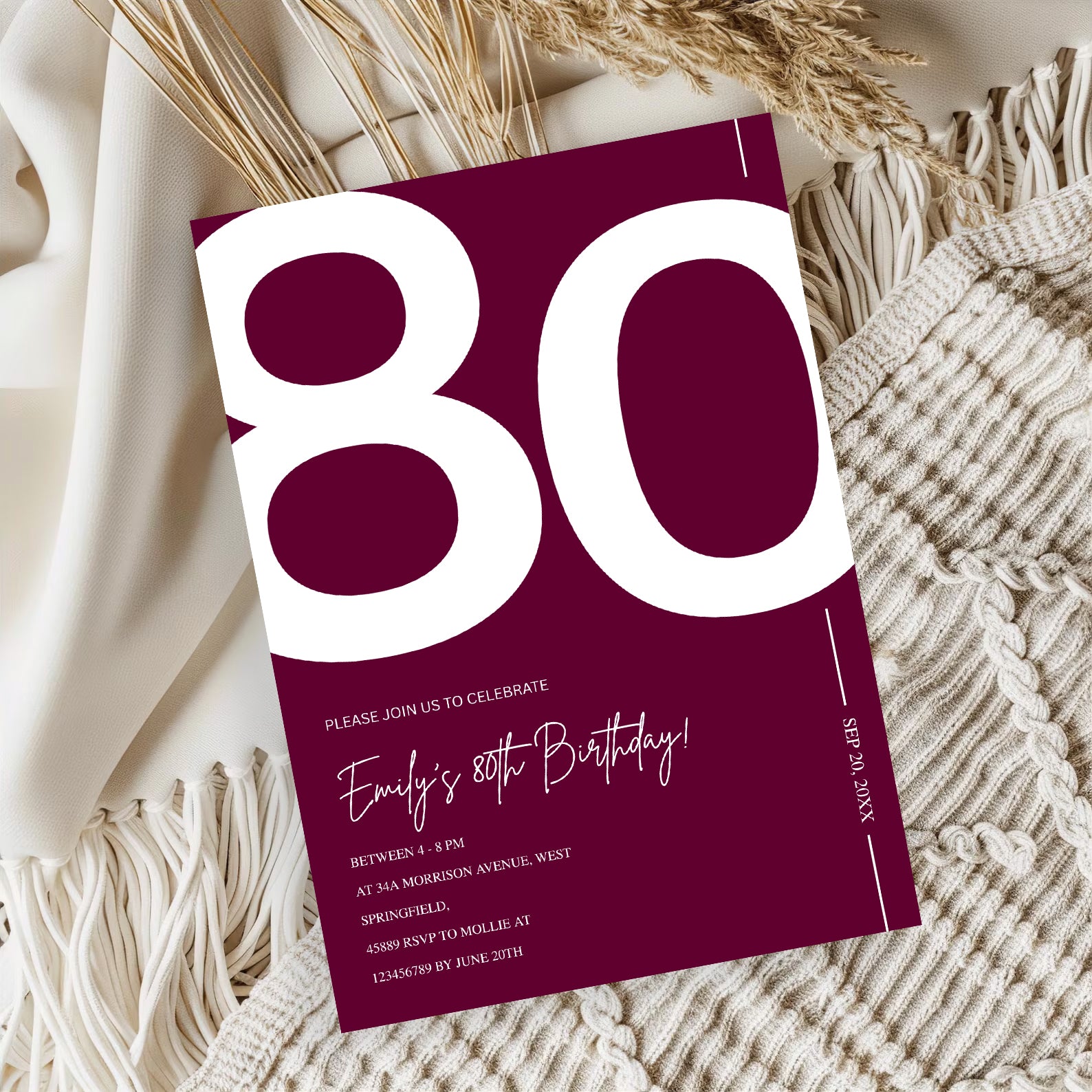 Elegant Burgundy 80th Birthday Invitation Template | Chic Eighty Milestone Party Invite | Editable & Instant Download