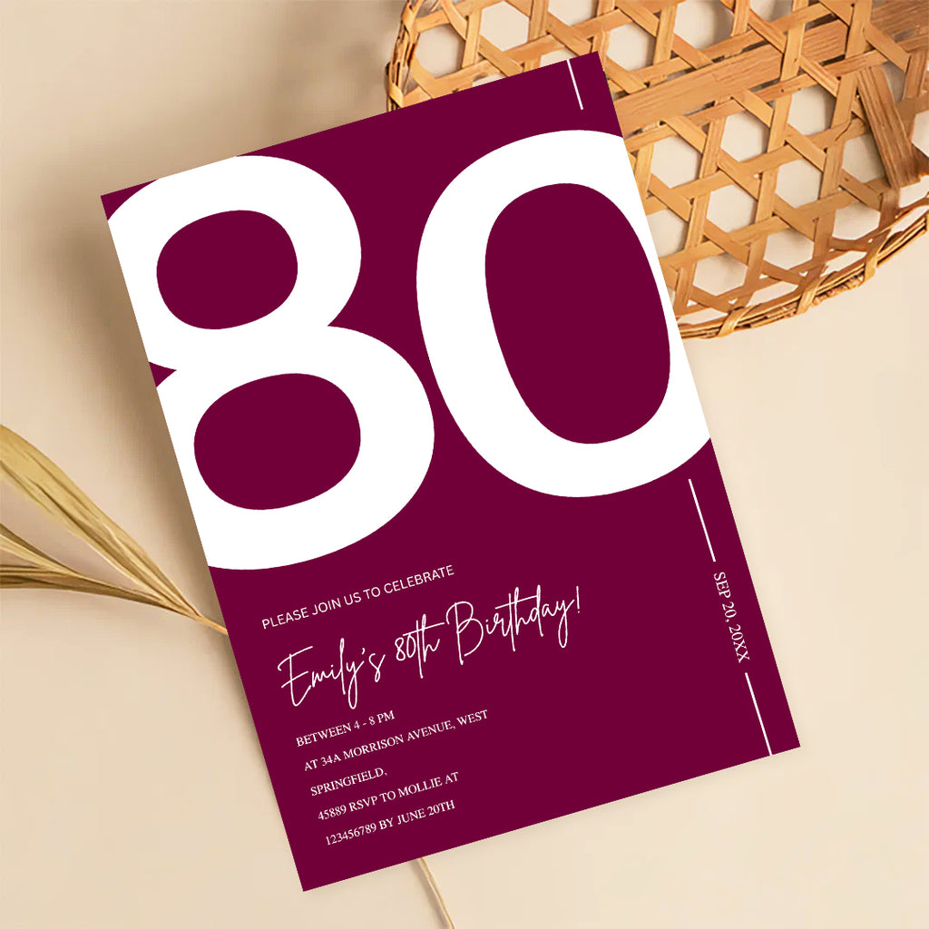 Elegant Burgundy 80th Birthday Invitation Template | Chic Eighty Milestone Party Invite | Editable & Instant Download