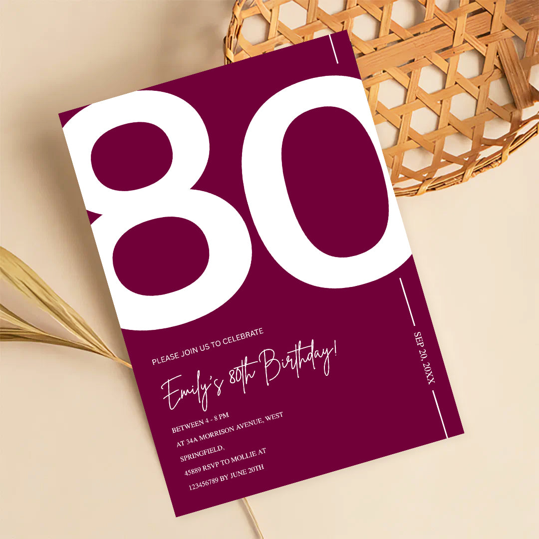 Elegant Burgundy 80th Birthday Invitation Template | Chic Eighty Milestone Party Invite | Editable & Instant Download
