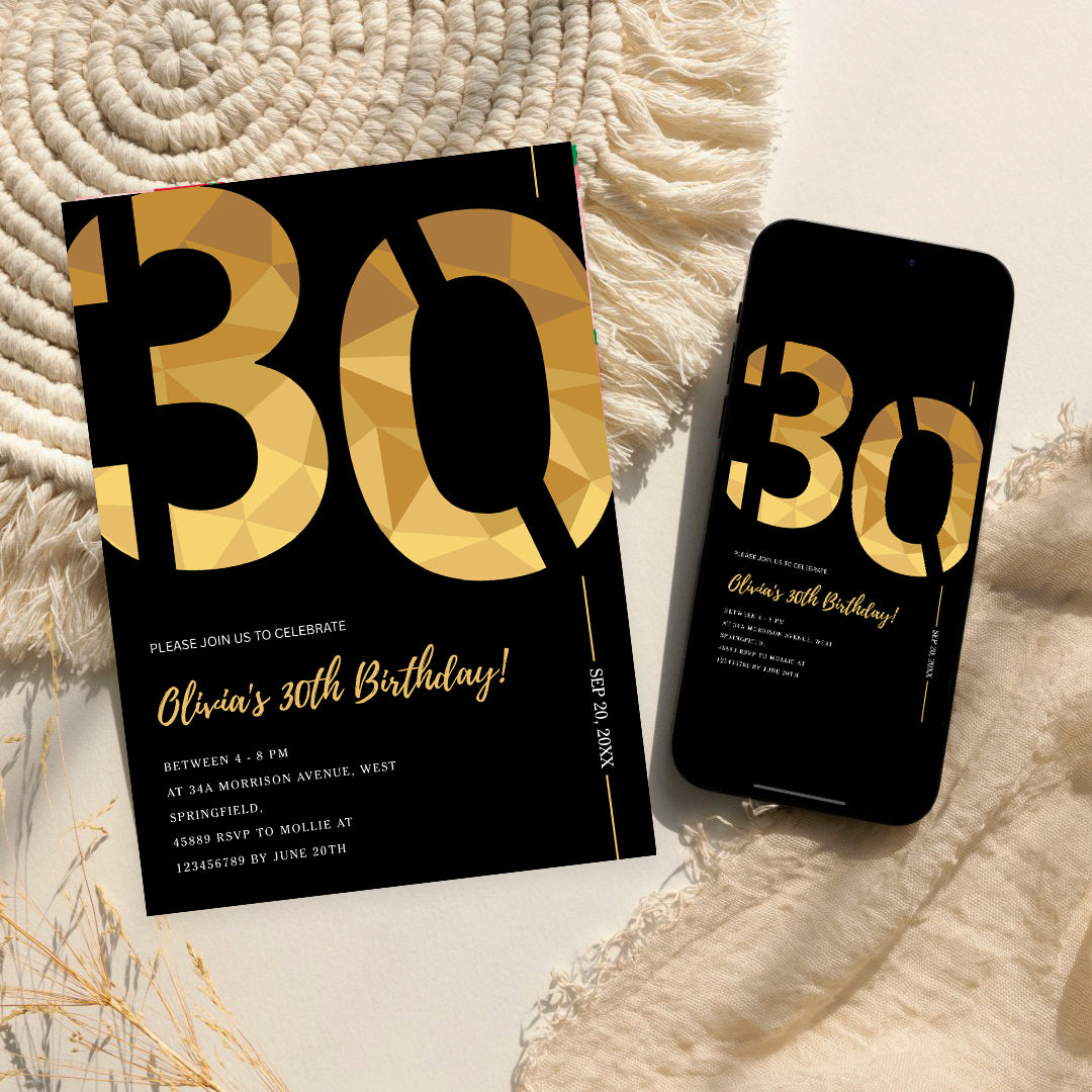 Elegant Black & Gold 30th Birthday Invitation Template | Editable Birthday Party Invite | Instant Download Canva
