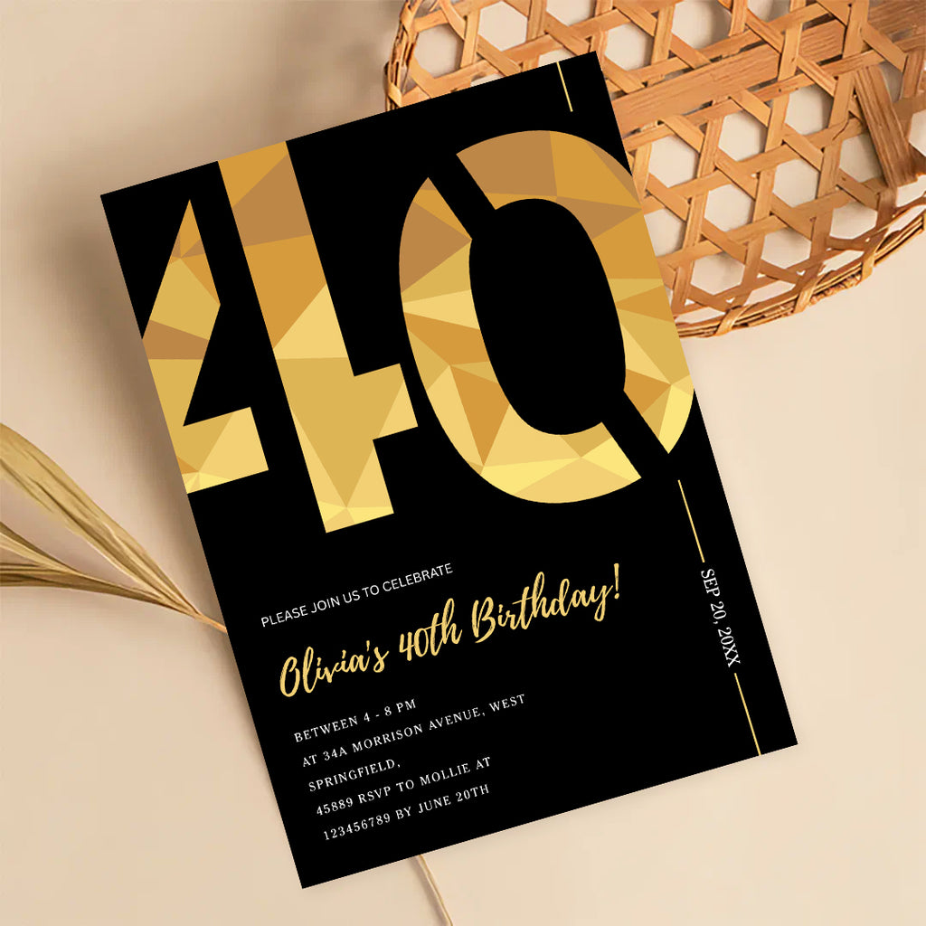 Elegant Black & Gold 40th Birthday Invitation Template | Editable Birthday Party Invite | Instant Download Canva