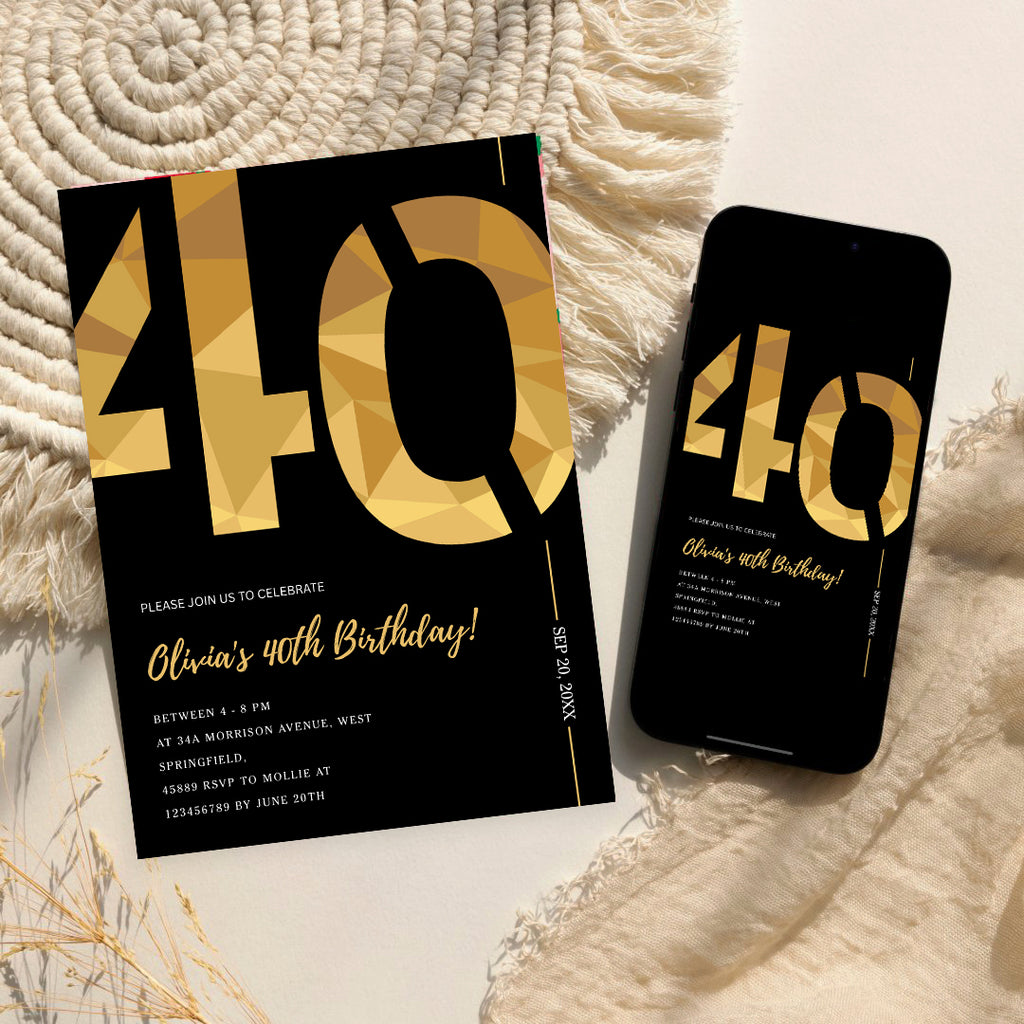 Elegant Black & Gold 40th Birthday Invitation Template | Editable Birthday Party Invite | Instant Download Canva
