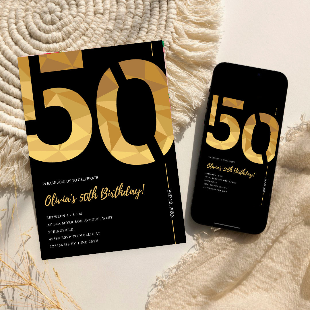 Elegant Black & Gold 50th Birthday Invitation Template | Editable Birthday Party Invite | Instant Download Canva