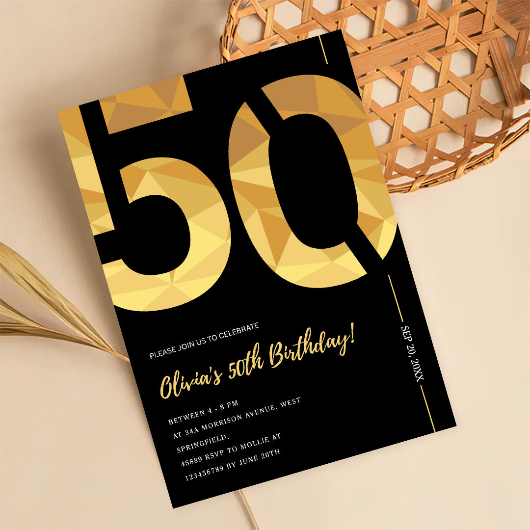 Elegant Black & Gold 50th Birthday Invitation Template | Editable Birthday Party Invite | Instant Download Canva