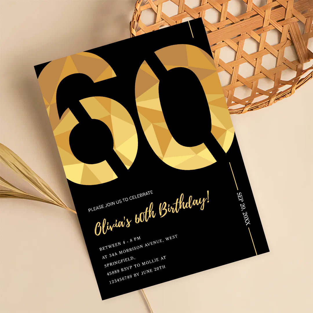 Elegant Black & Gold 60th Birthday Invitation Template | Editable Birthday Party Invite | Instant Download Canva