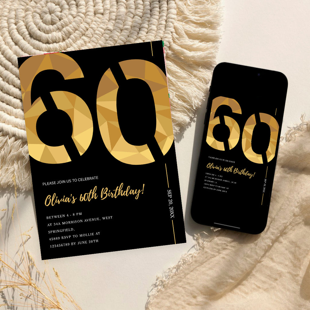 Elegant Black & Gold 60th Birthday Invitation Template | Editable Birthday Party Invite | Instant Download Canva