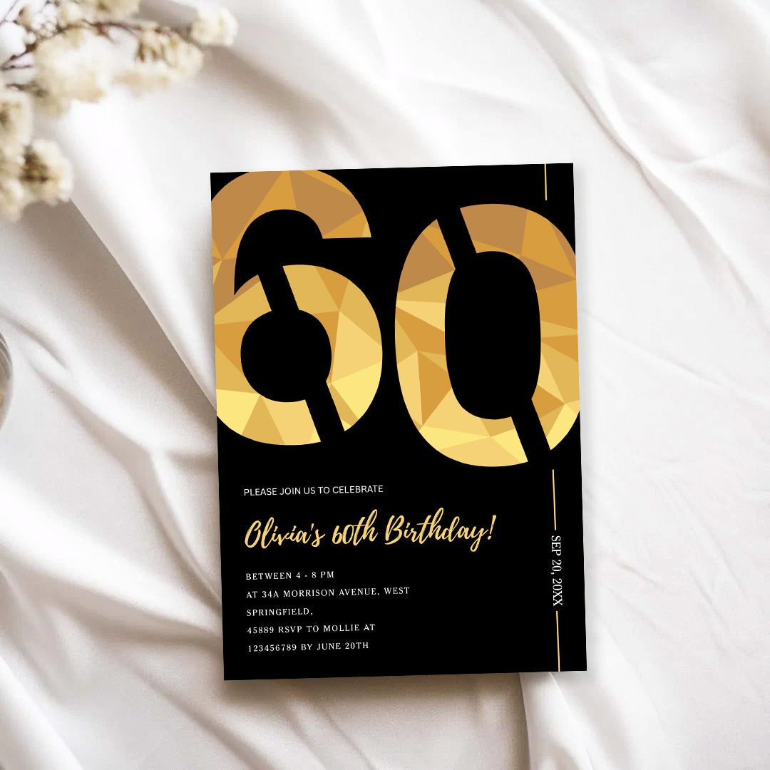Elegant Black & Gold 60th Birthday Invitation Template | Editable Birthday Party Invite | Instant Download Canva