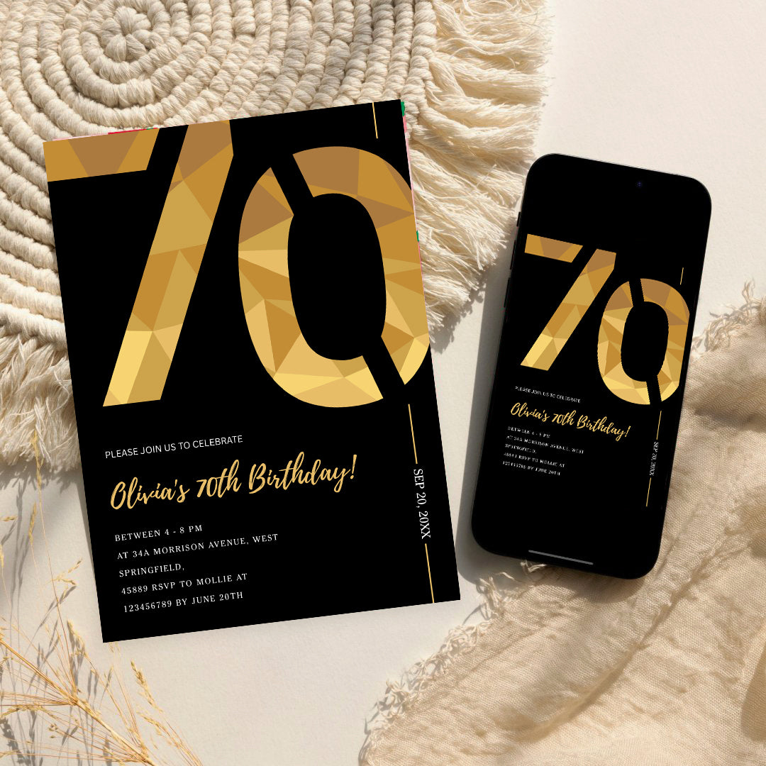 Elegant Black & Gold 70th Birthday Invitation Template | Editable Birthday Party Invite | Instant Download Canva