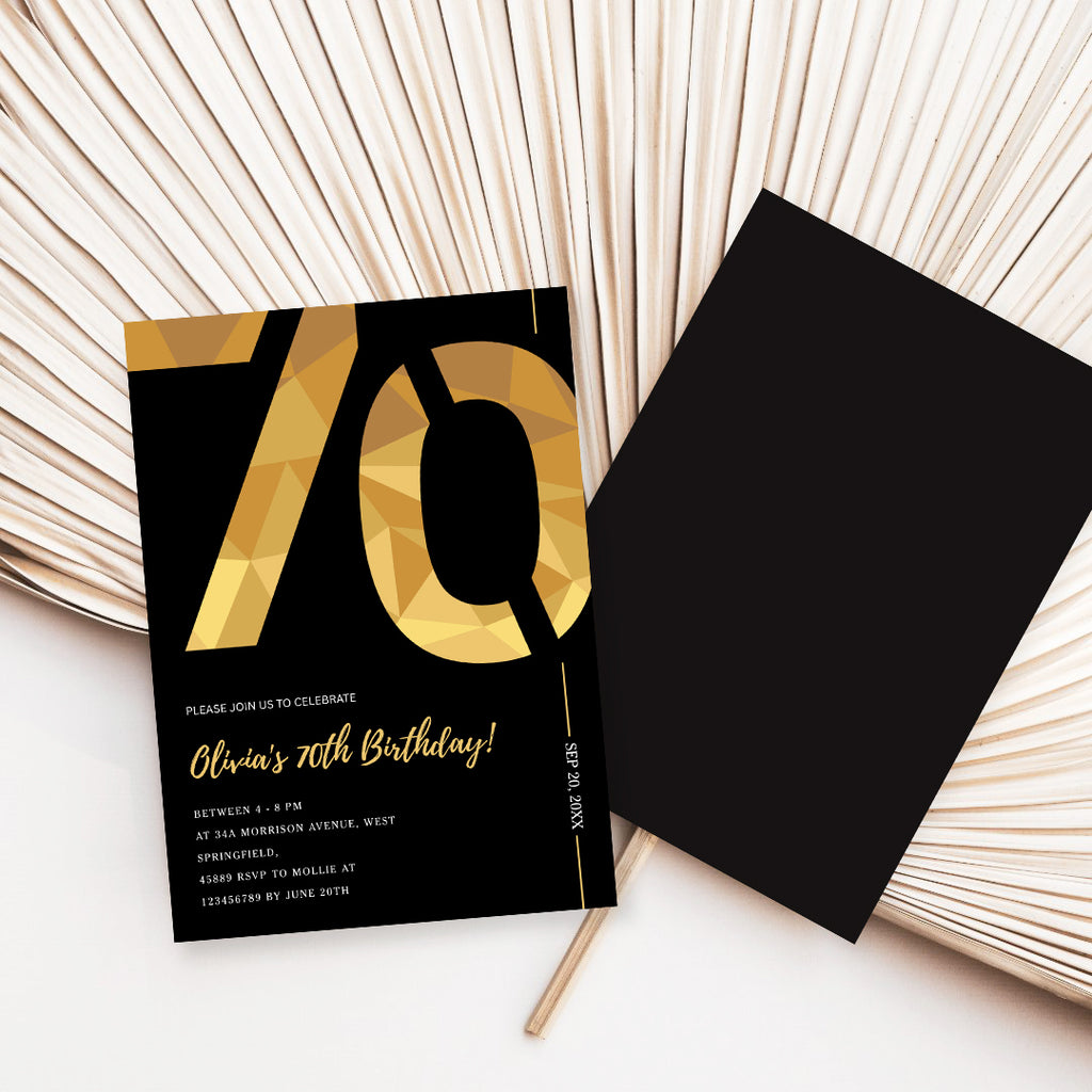 Elegant Black & Gold 70th Birthday Invitation Template | Editable Birthday Party Invite | Instant Download Canva