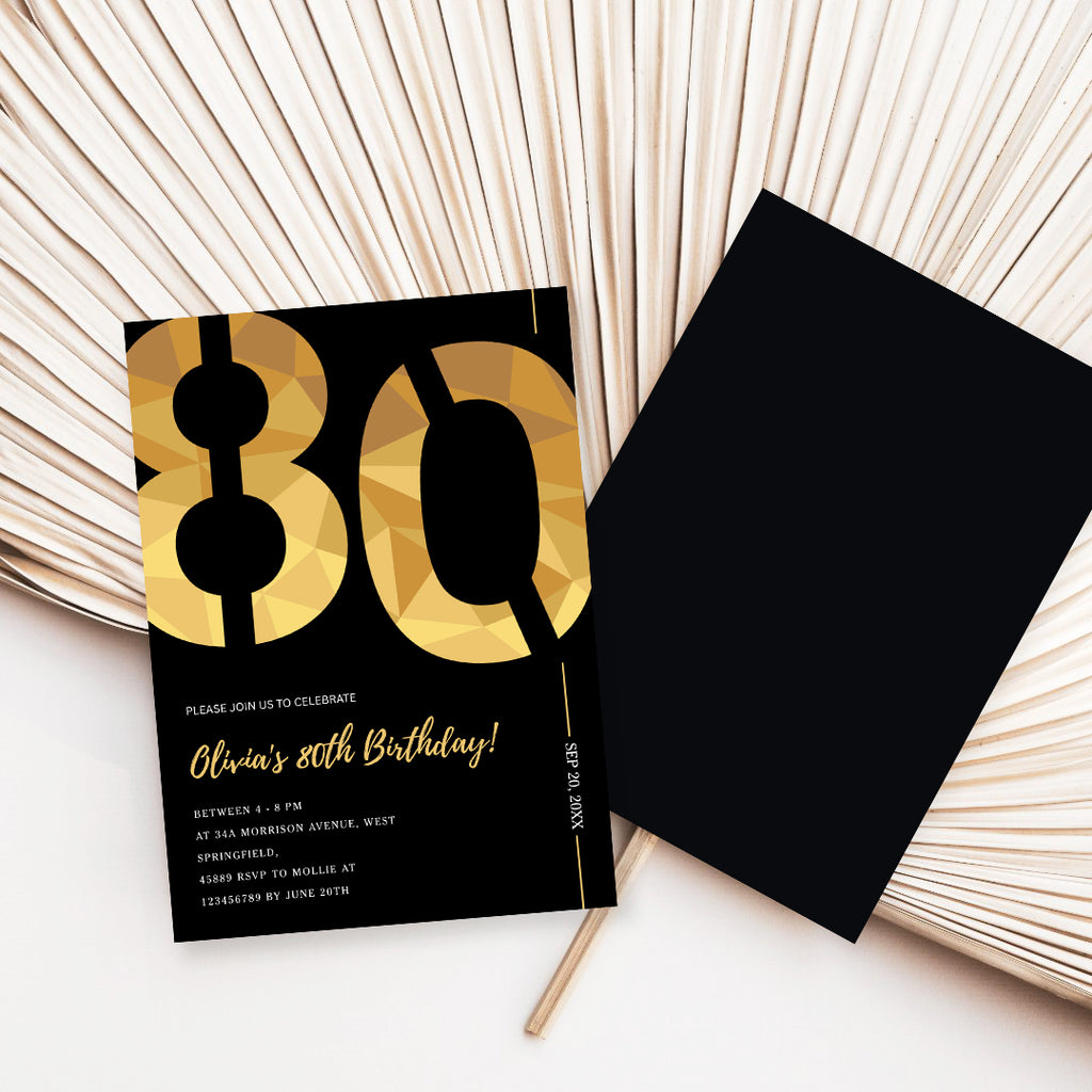 Elegant Black & Gold 80th Birthday Invitation Template | Editable Birthday Party Invite | Instant Download Canva