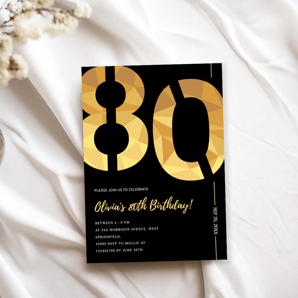Elegant Black & Gold 80th Birthday Invitation Template | Editable Birthday Party Invite | Instant Download Canva
