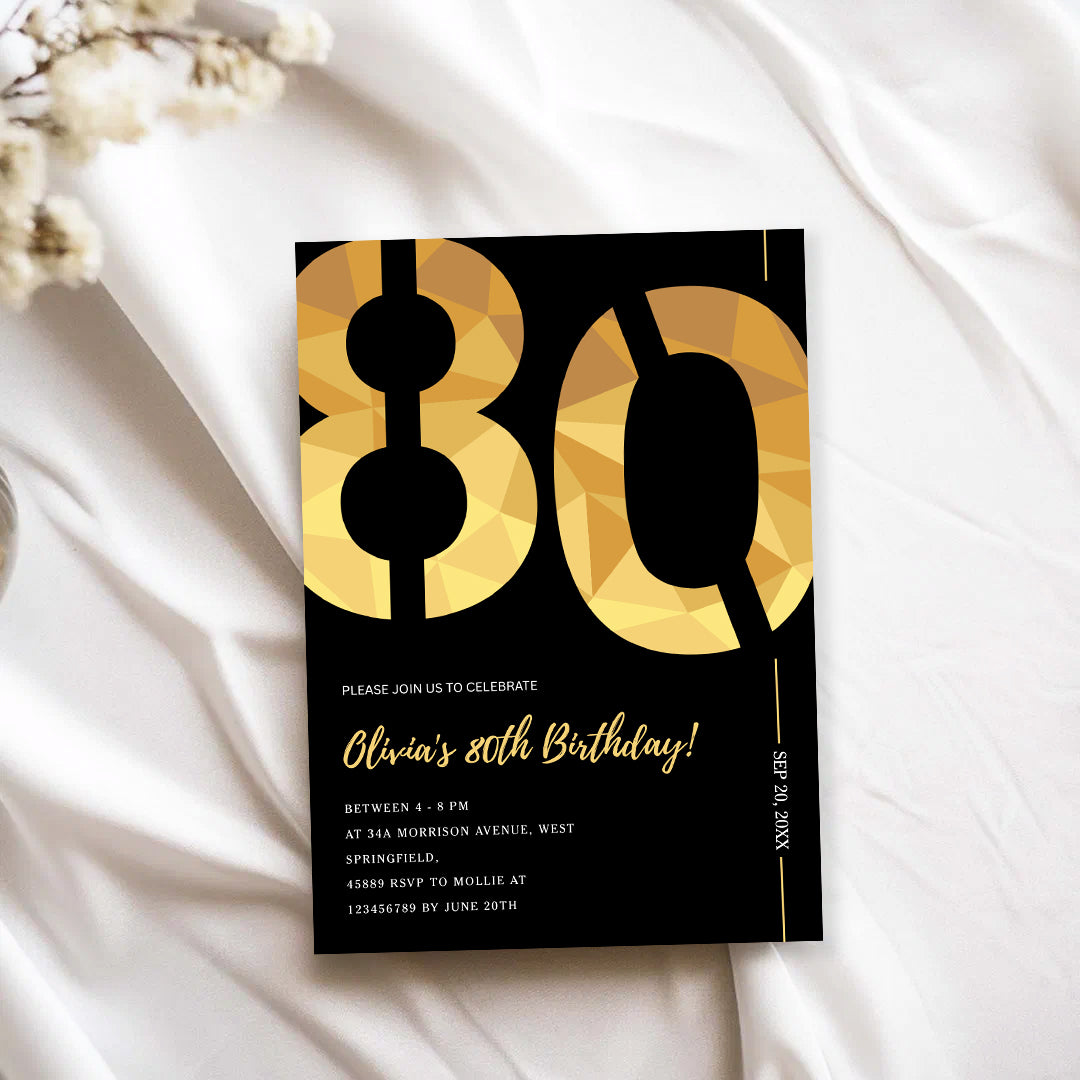 Elegant Black & Gold 80th Birthday Invitation Template | Editable Birthday Party Invite | Instant Download Canva