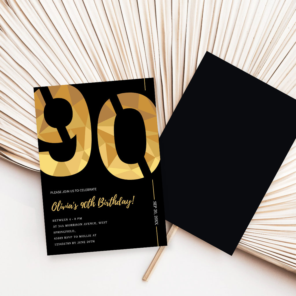 Elegant Black & Gold 90th Birthday Invitation Template | Editable Birthday Party Invite | Instant Download Canva
