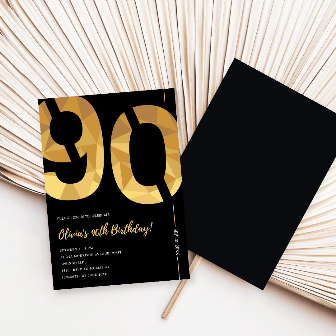 Elegant Black & Gold 90th Birthday Invitation Template | Editable Birthday Party Invite | Instant Download Canva