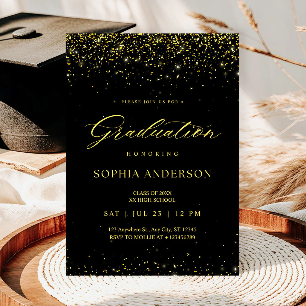 Elegant Black & Gold Graduation Invitation | Faux Gold Confetti Graduation Party Invite
