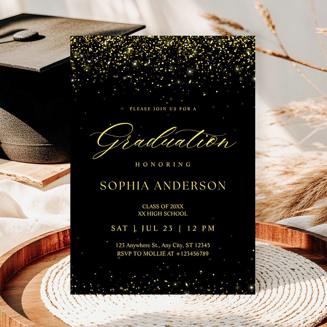 Elegant Black & Gold Graduation Invitation | Faux Gold Confetti Graduation Party Invite