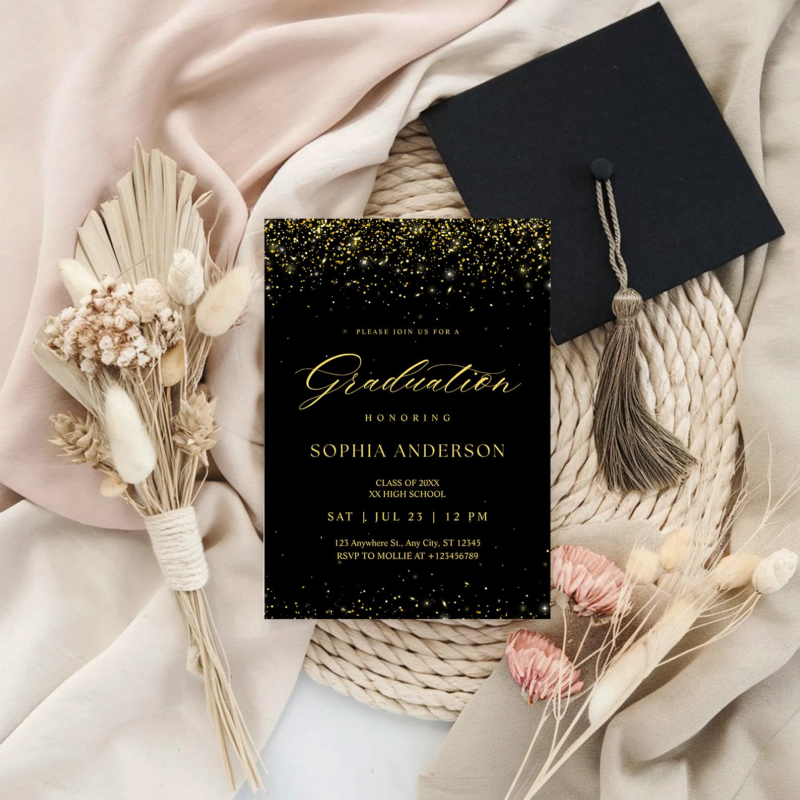Elegant Black & Gold Graduation Invitation | Faux Gold Confetti Graduation Party Invite