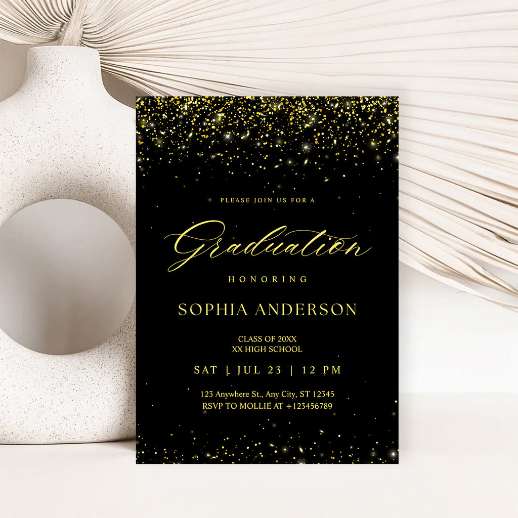 Elegant Black & Gold Graduation Invitation | Faux Gold Confetti Graduation Party Invite
