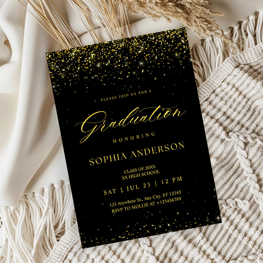 Elegant Black & Gold Graduation Invitation | Faux Gold Confetti Graduation Party Invite