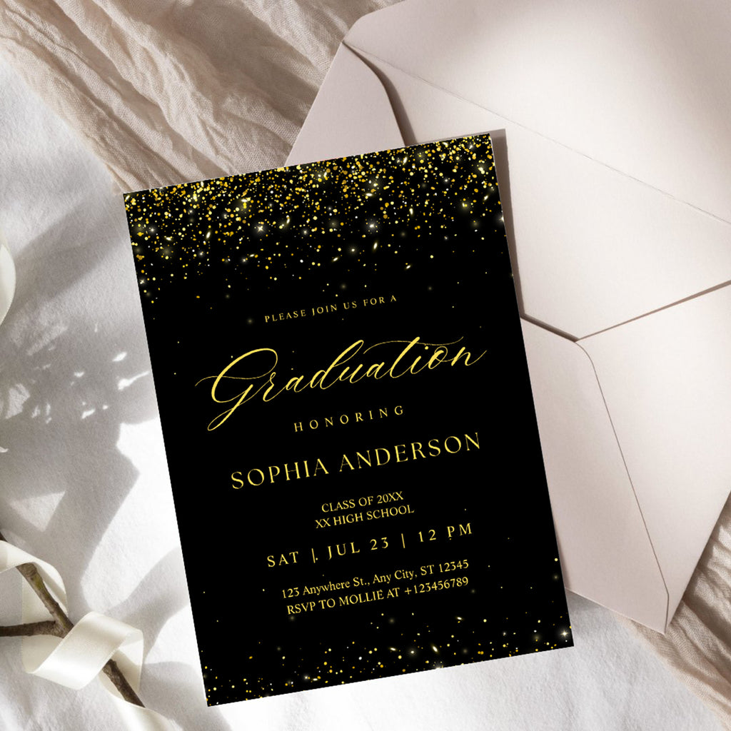 Elegant Black & Gold Graduation Invitation | Faux Gold Confetti Graduation Party Invite