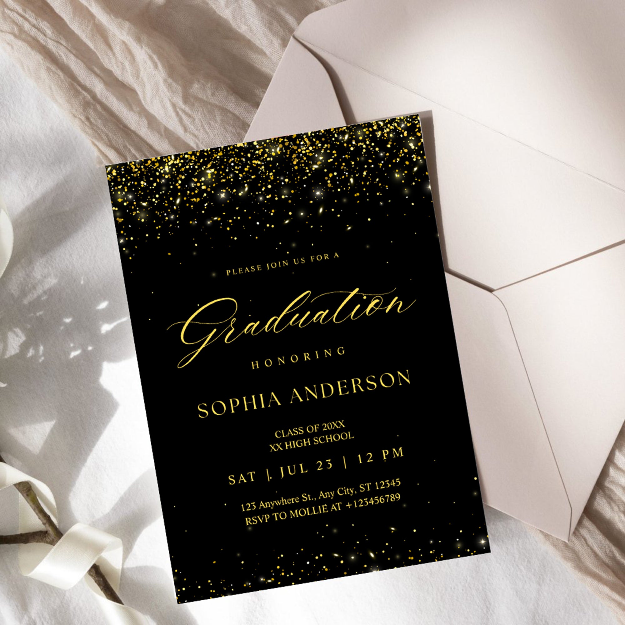 Elegant Black & Gold Graduation Invitation | Faux Gold Confetti Graduation Party Invite