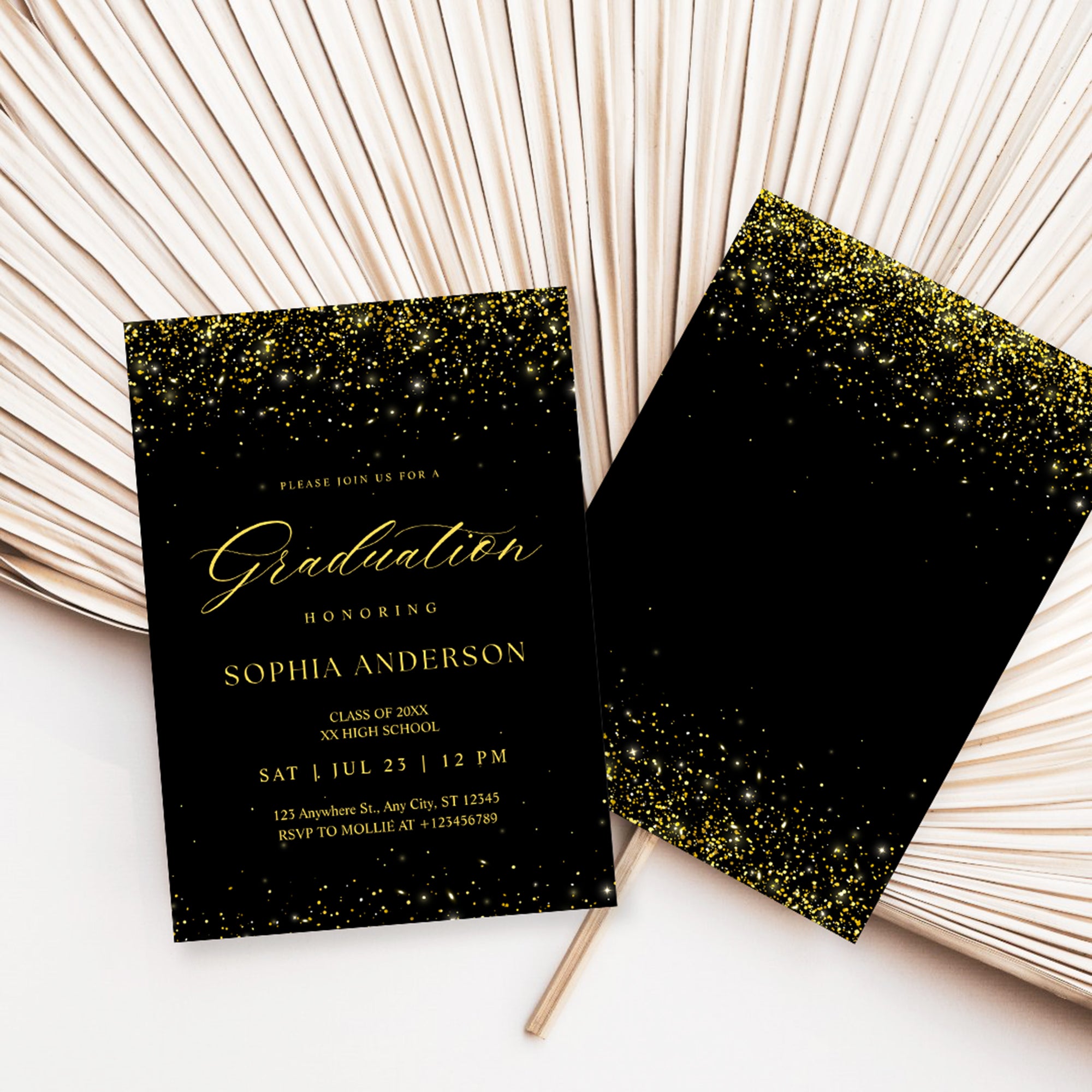 Elegant Black & Gold Graduation Invitation | Faux Gold Confetti Graduation Party Invite