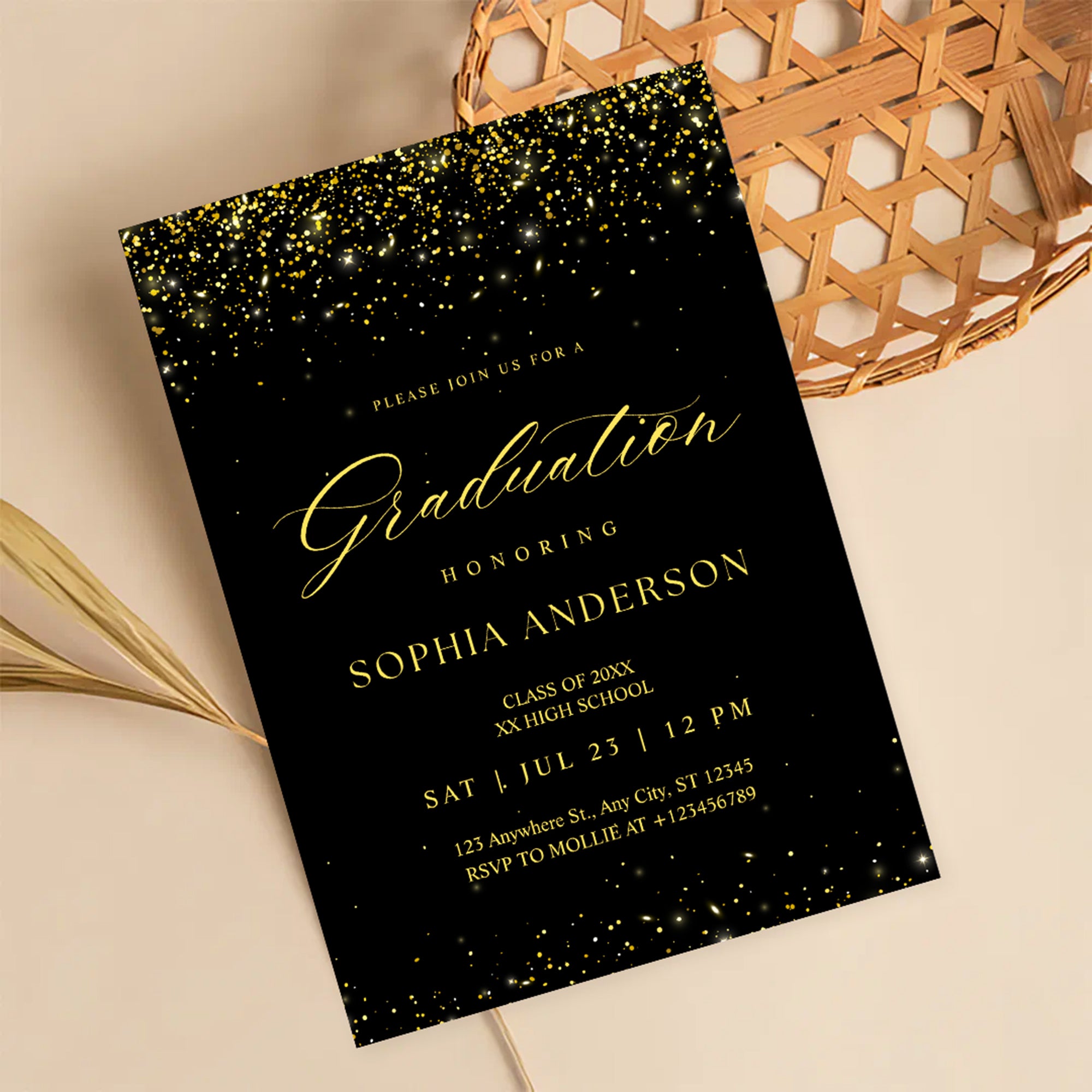 Elegant Black & Gold Graduation Invitation | Faux Gold Confetti Graduation Party Invite