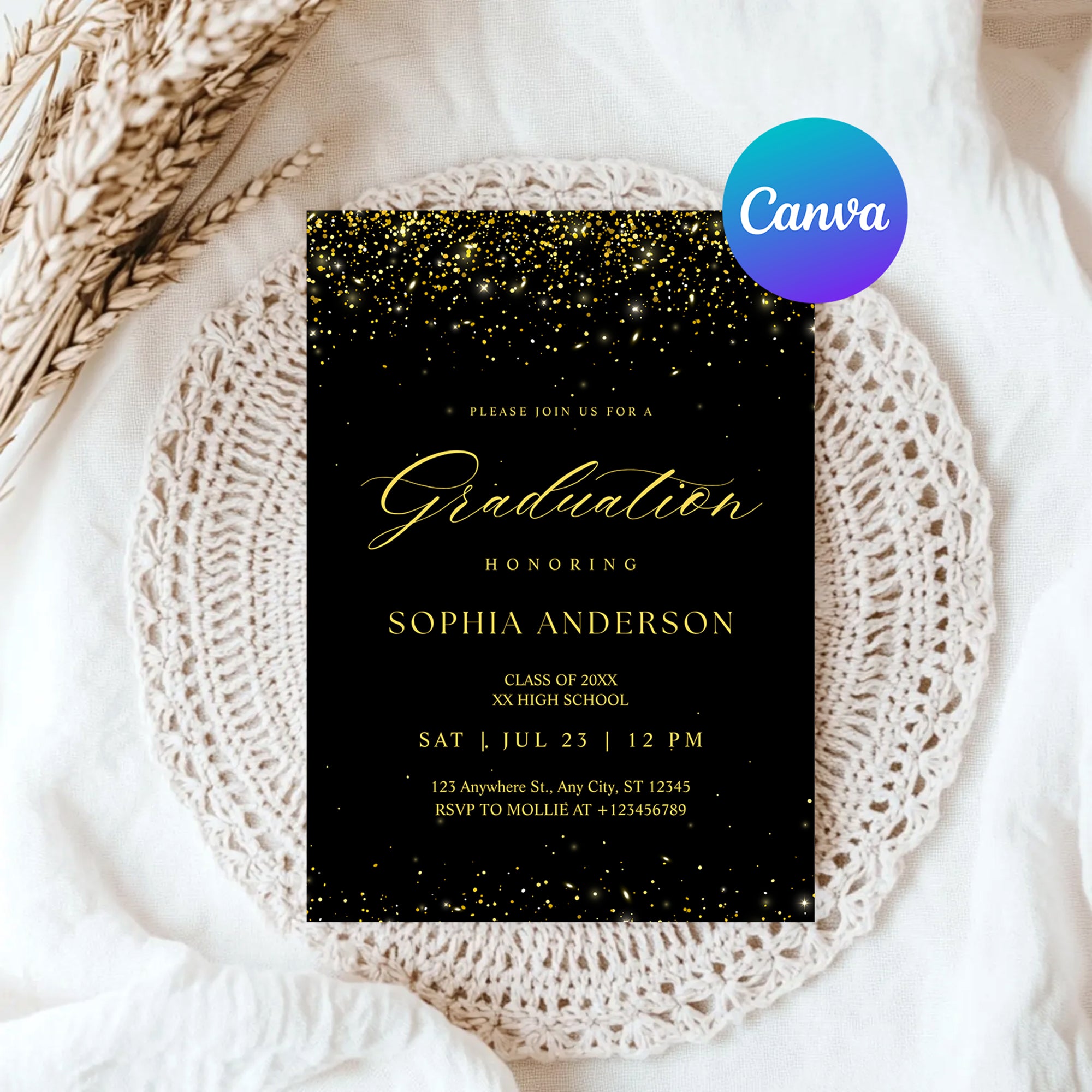 Elegant Black & Gold Graduation Invitation | Faux Gold Confetti Graduation Party Invite