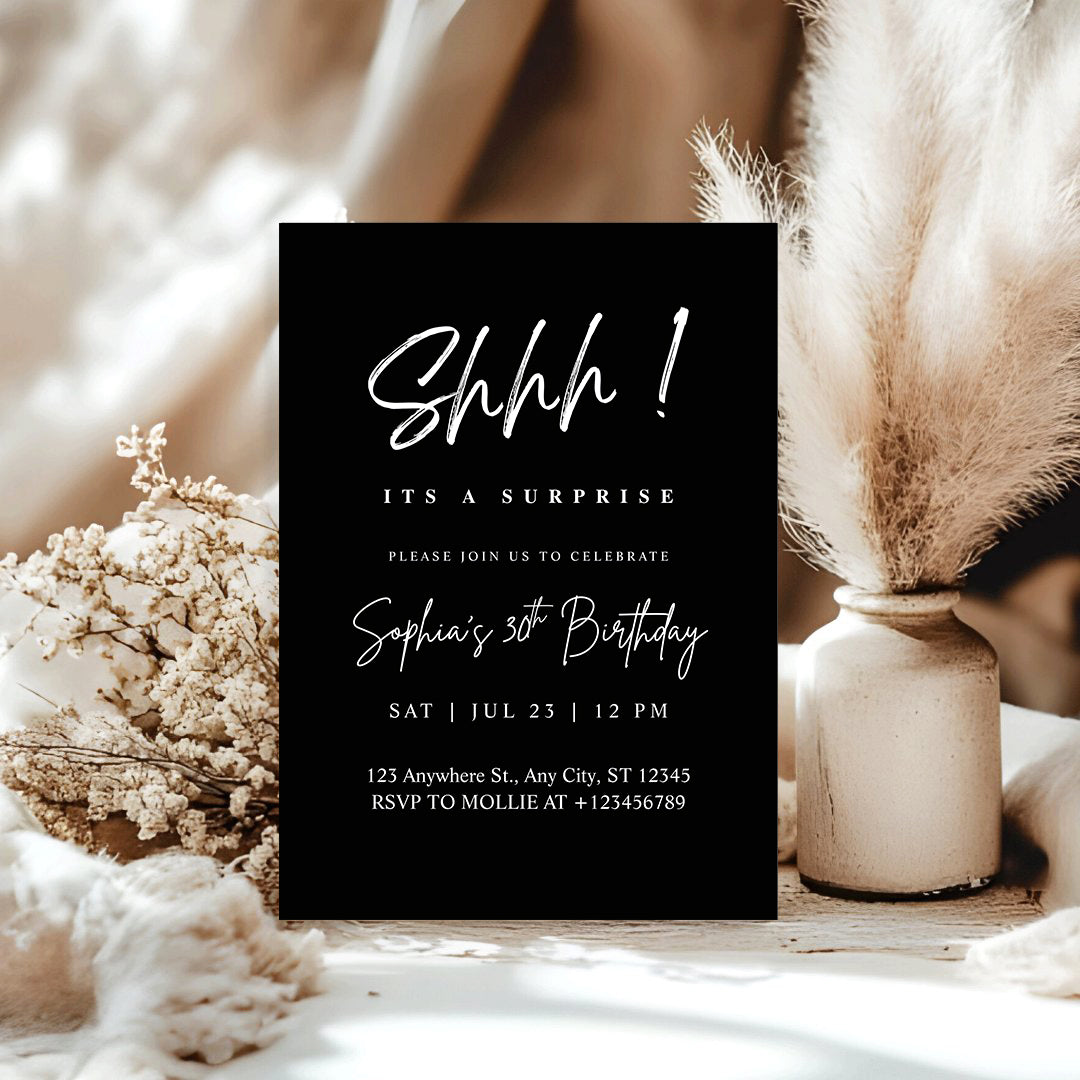 Elegant White Calligraphy Surprise Party Invitation – Editable Canva Template