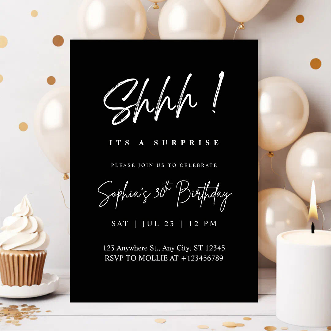 Elegant White Calligraphy Surprise Party Invitation – Editable Canva Template