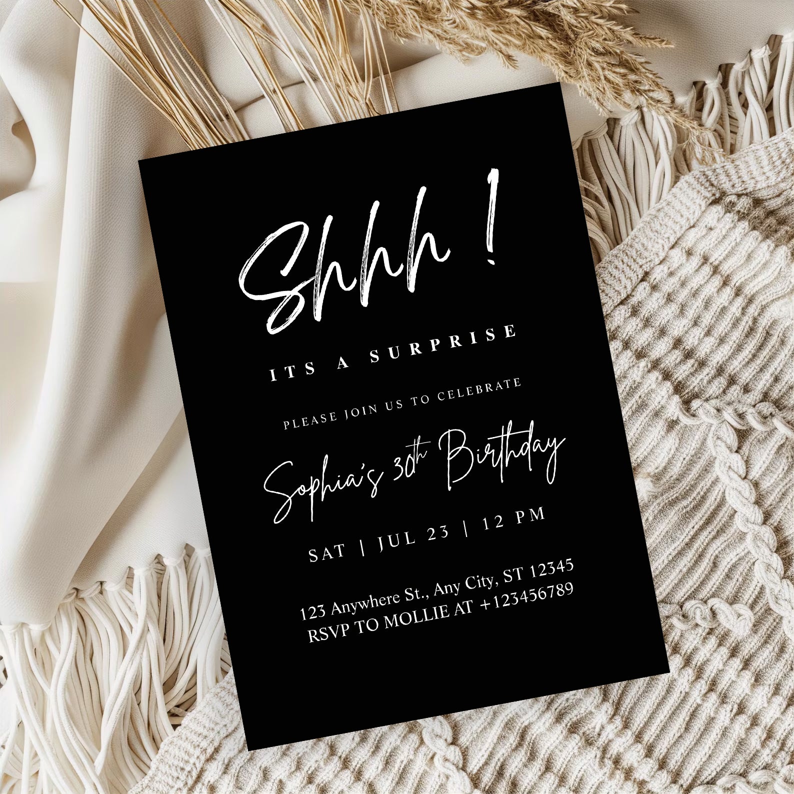 Elegant White Calligraphy Surprise Party Invitation – Editable Canva Template