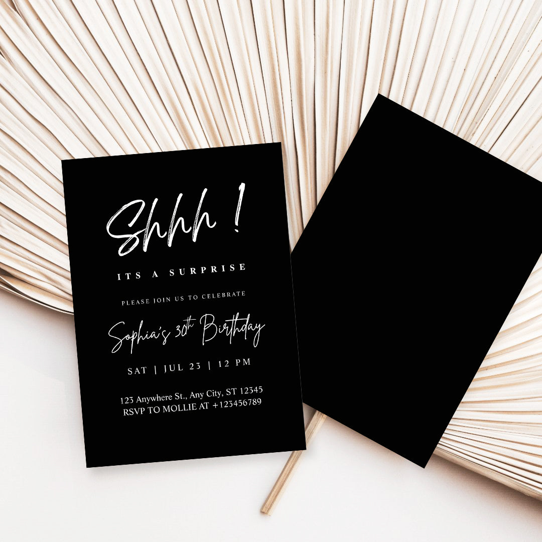 Elegant White Calligraphy Surprise Party Invitation – Editable Canva Template