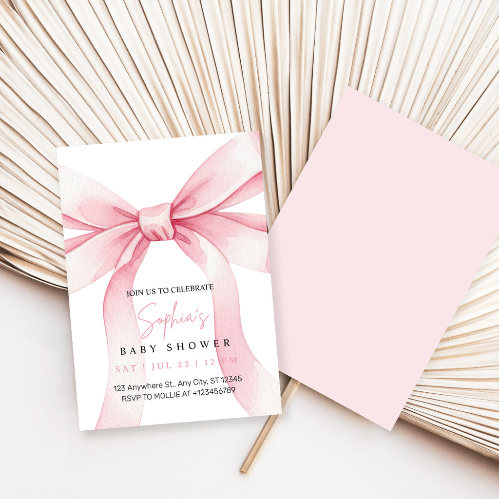 Elegant Pink Bow Girl Baby Shower Invitation – Editable Canva Template
