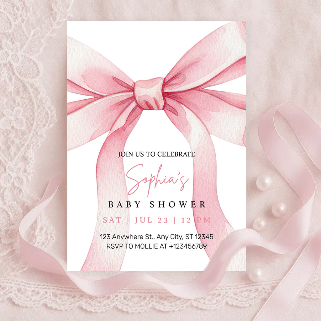 Elegant Pink Bow Girl Baby Shower Invitation – Editable Canva Template
