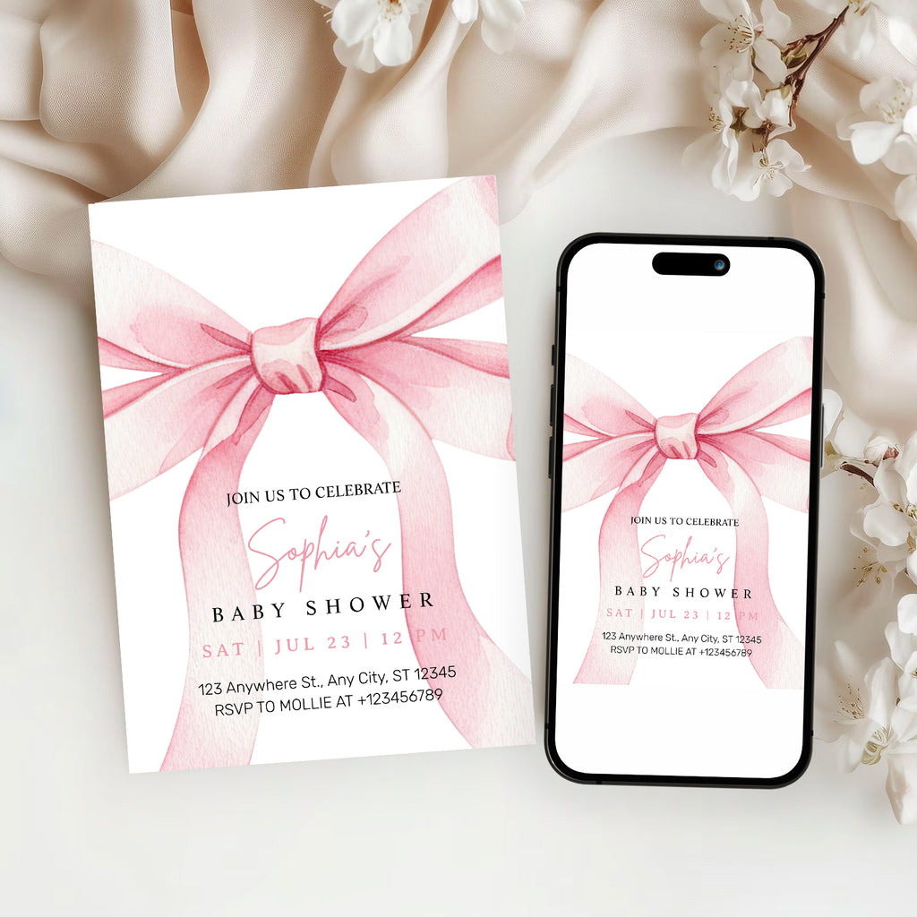 Elegant Pink Bow Girl Baby Shower Invitation – Editable Canva Template