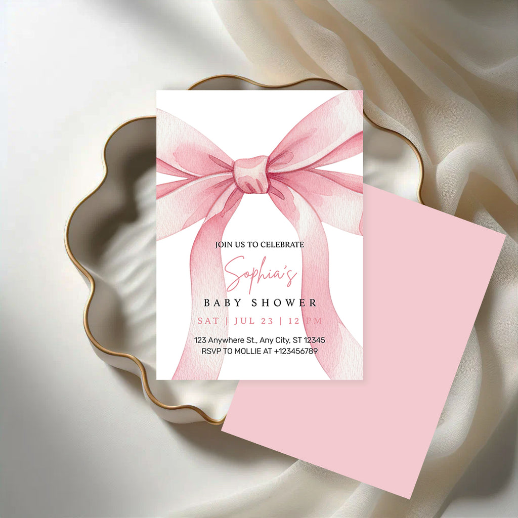 Elegant Pink Bow Girl Baby Shower Invitation – Editable Canva Template