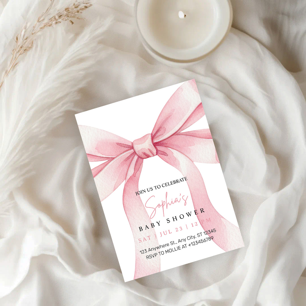 Elegant Pink Bow Girl Baby Shower Invitation – Editable Canva Template