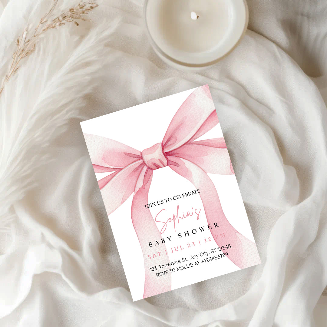 Elegant Pink Bow Girl Baby Shower Invitation – Editable Canva Template