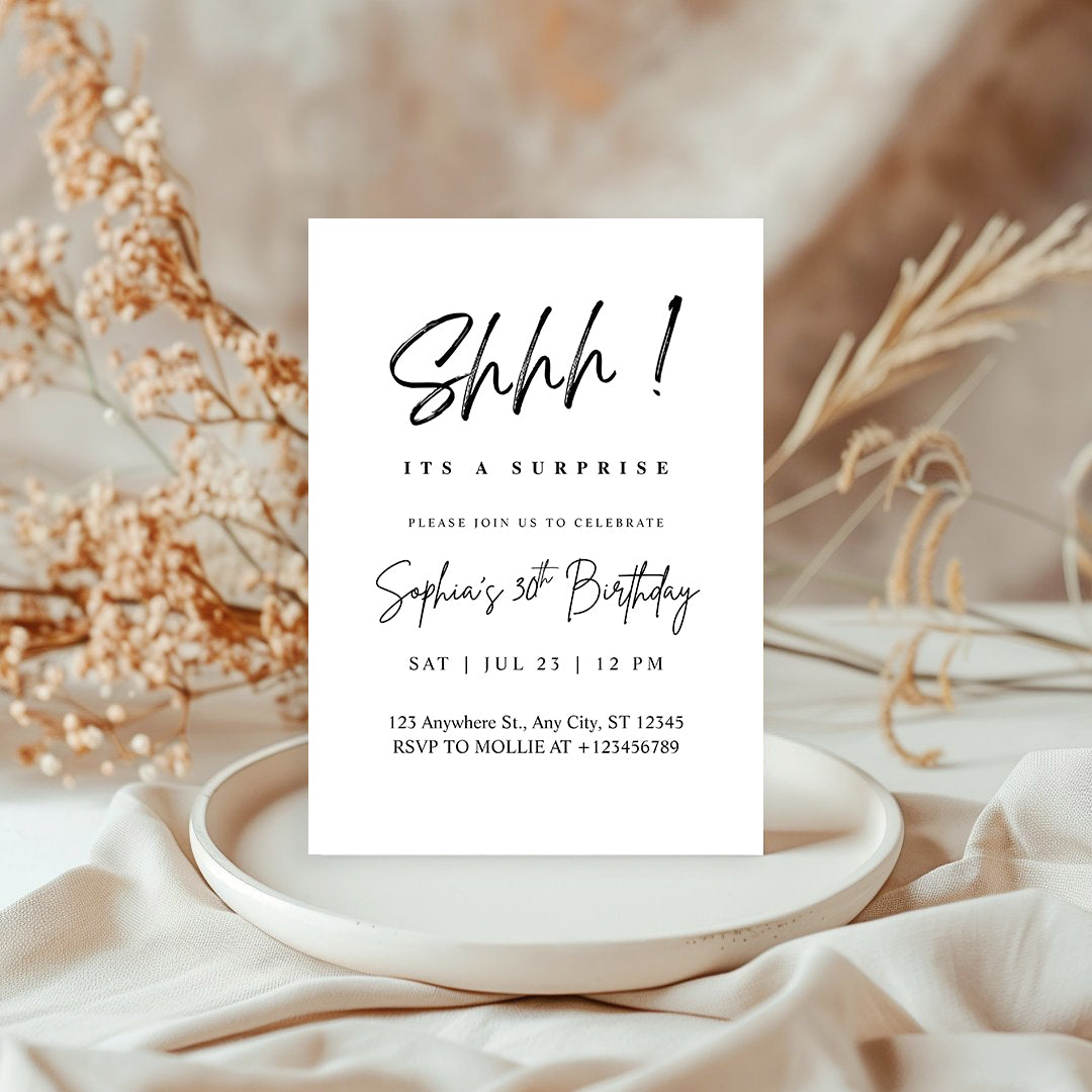 Elegant Black Calligraphy Surprise Party Invitation – Editable Canva Template
