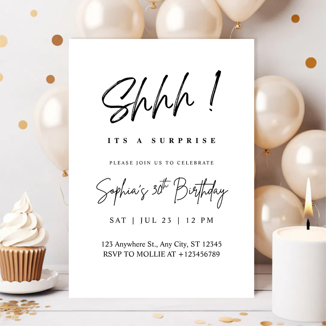 Elegant Black Calligraphy Surprise Party Invitation – Editable Canva Template