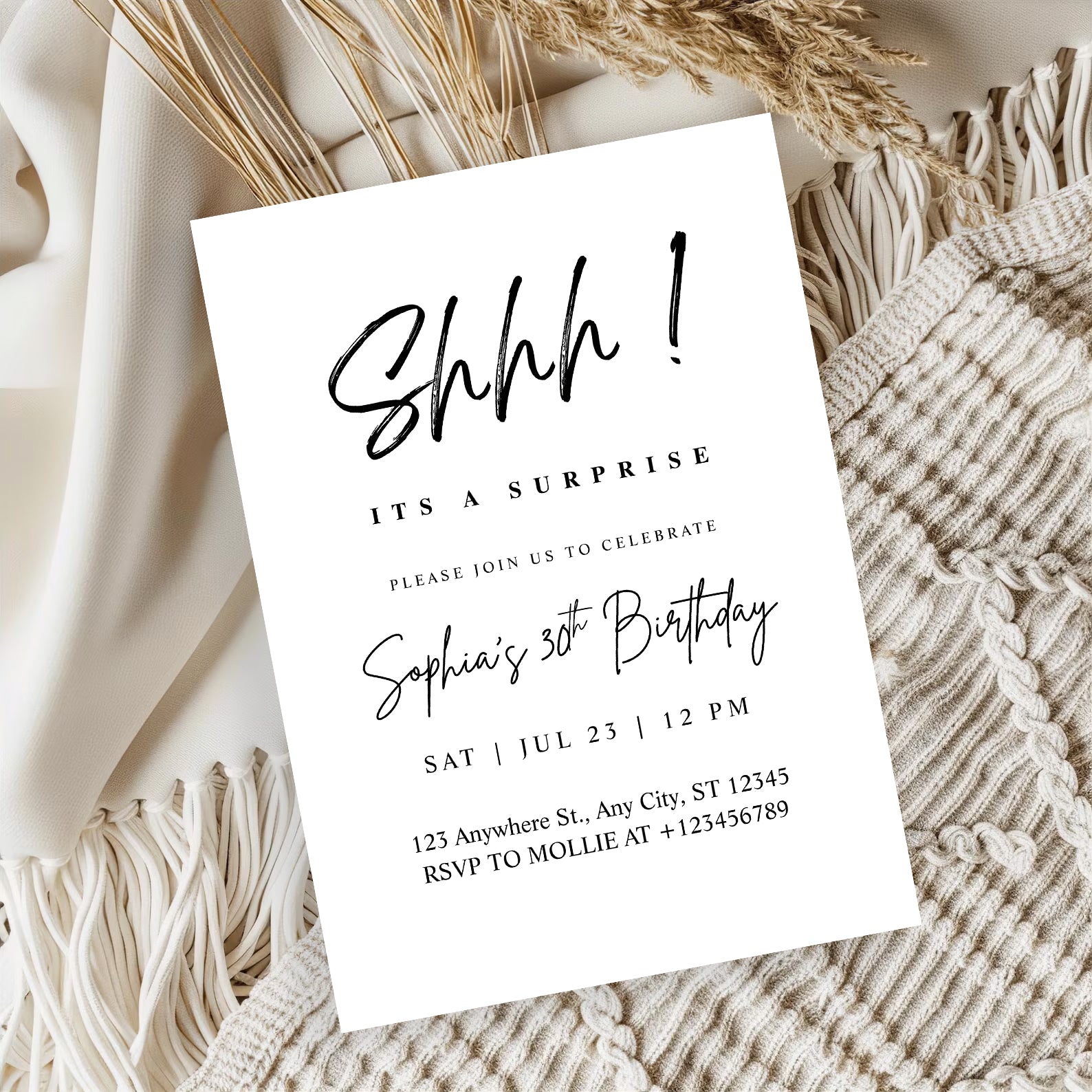Elegant Black Calligraphy Surprise Party Invitation – Editable Canva Template