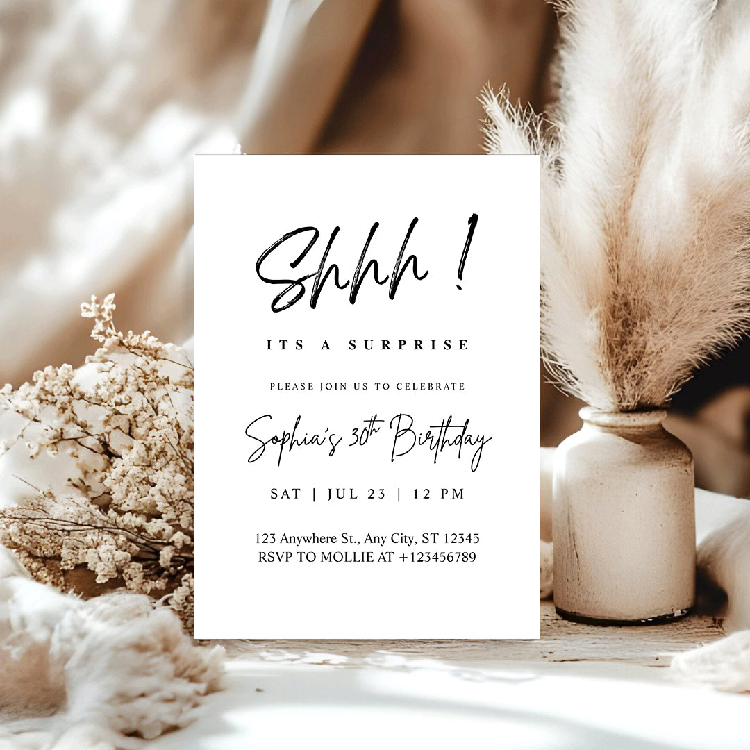 Elegant Black Calligraphy Surprise Party Invitation – Editable Canva Template