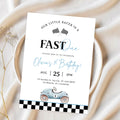 Editable “Fast ONE” Race Car 1st Birthday Invitation | Blue Vintage Car Canva Template – Instant Download