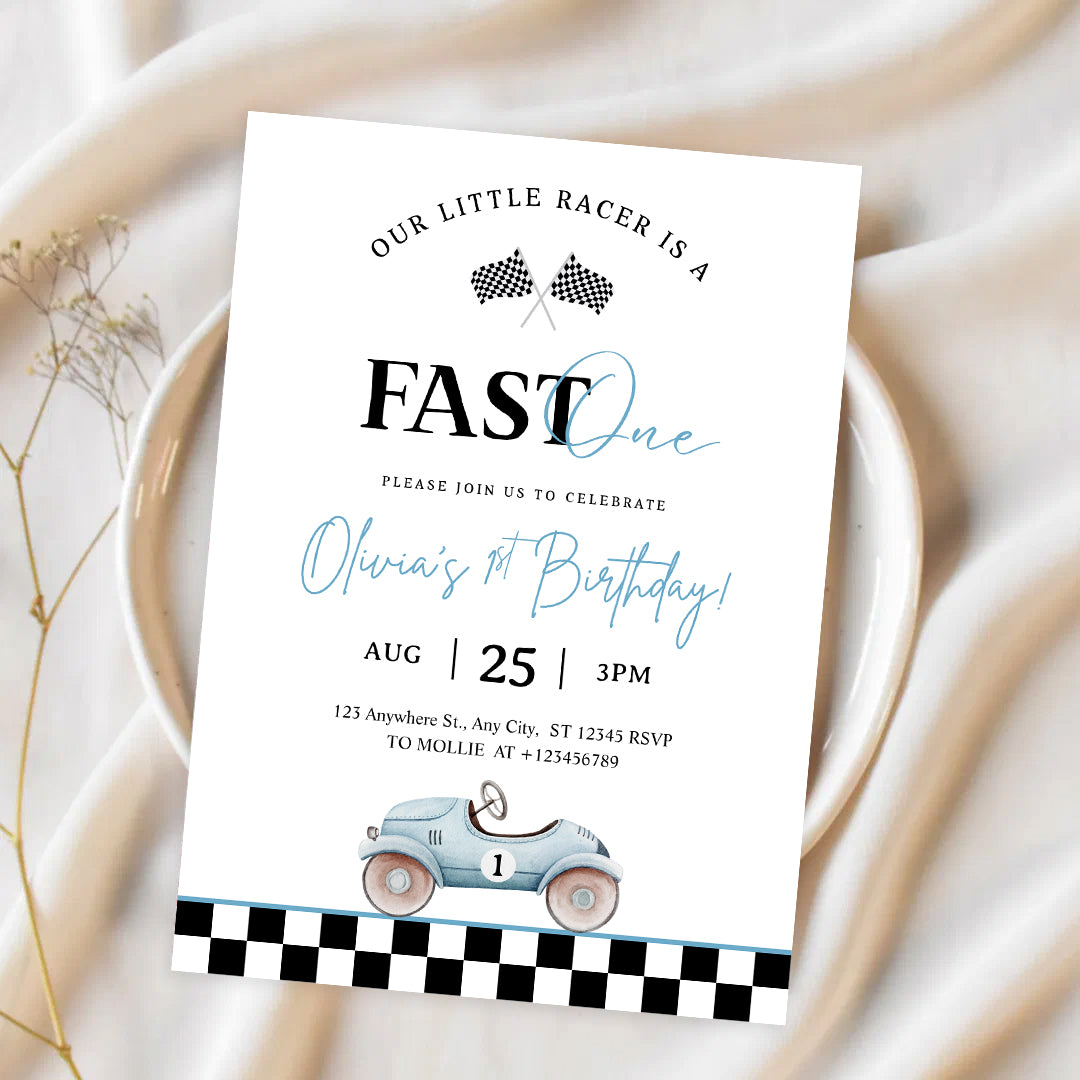 Editable “Fast ONE” Race Car 1st Birthday Invitation | Blue Vintage Car Canva Template – Instant Download